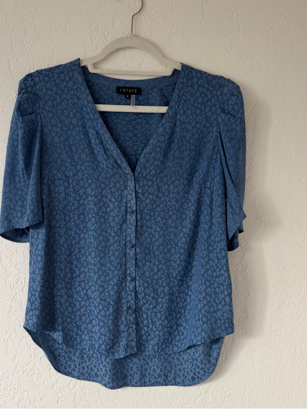 1. State • Blue Printed V-Neck Button-Front Blouse